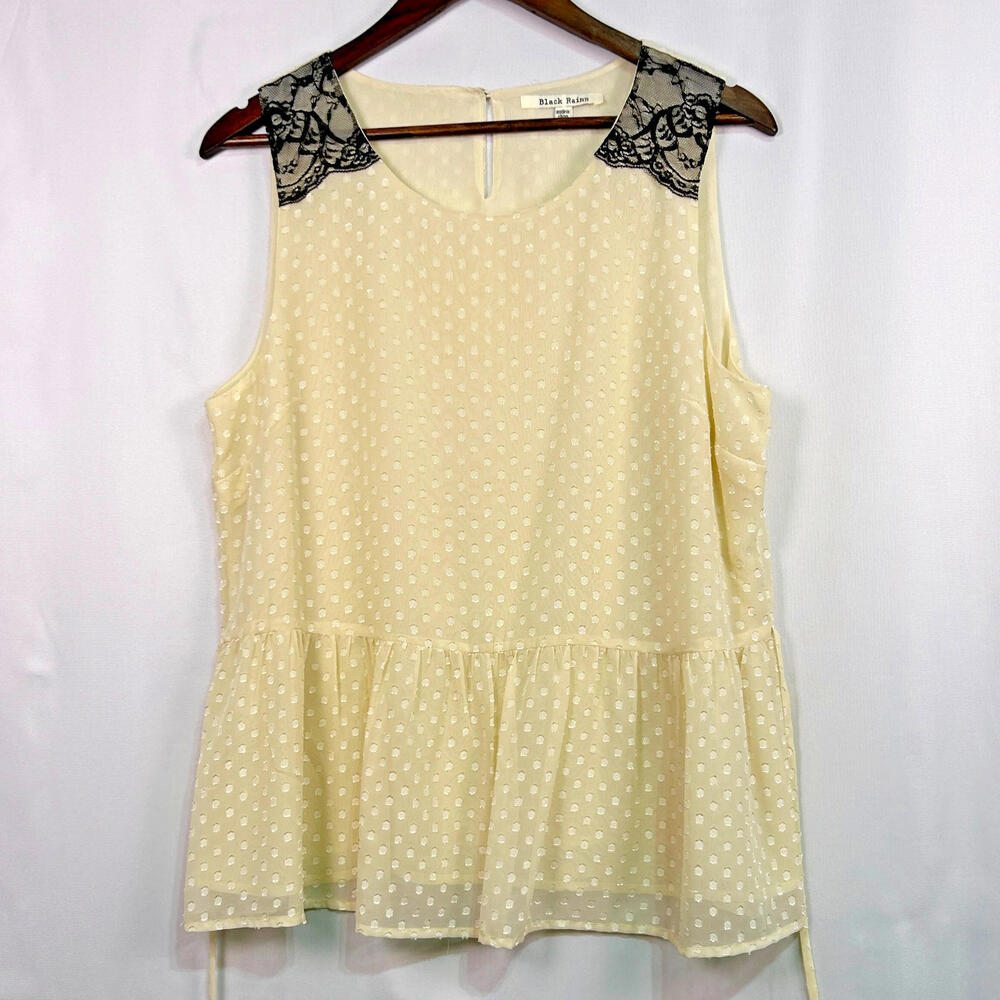 Black Rainn Cream Swiss Dot Lace Shoulder Sleeveless Peplum Blouse Women's Large